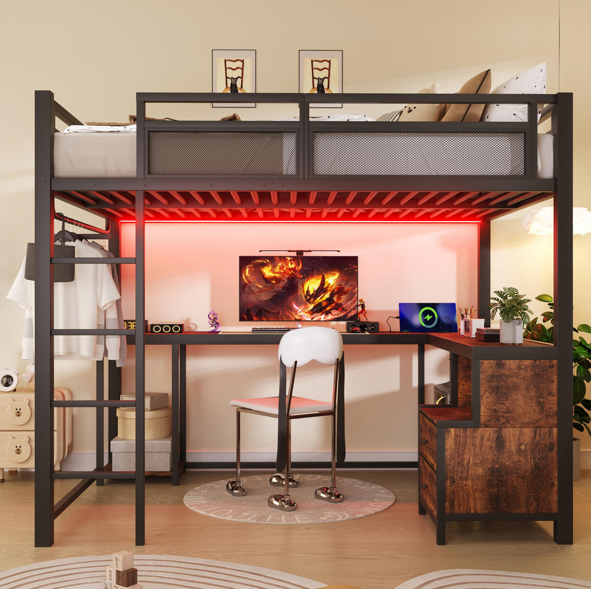 HOCHBETT 140/200 cm Schwarz mit LED, USB und Metall - Schwarz, Metall (140/200cm) - MIVRAY
