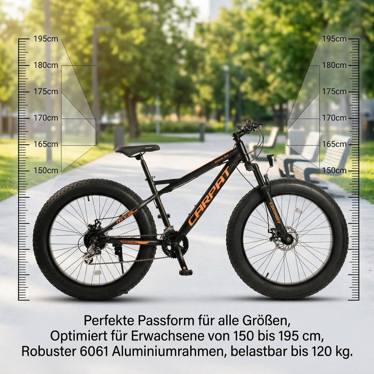 MOUNTAINBIKE 26 Zoll Schwarz – 4.0 Zoll Fettreifen – 2x8 Gangschaltung – Aluminiumlegierung - Schwarz/Orange, Metall (24cm) - Oxeza