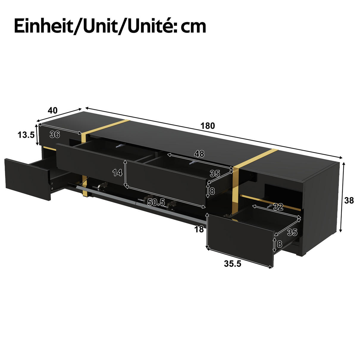 TV stolek 180/40/38 cm s vysokým leskem, 4 zásuvkami a 2 dvířky, úložný prostor, Černá - černá, kompozitní dřevo (180/38/40cm) - Redom