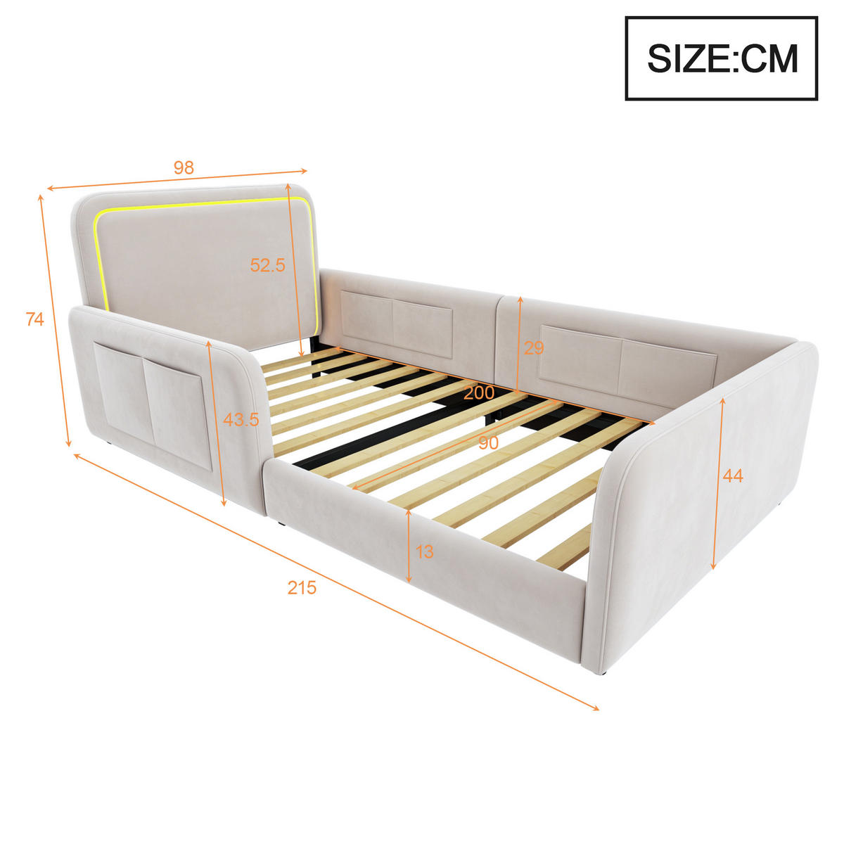 BETT 90/200 cm in Beige mit LED, Aufbewahrungstaschen, Samt und gepolstertem Design - Beige, Holzwerkstoff/Textil - STILVORA