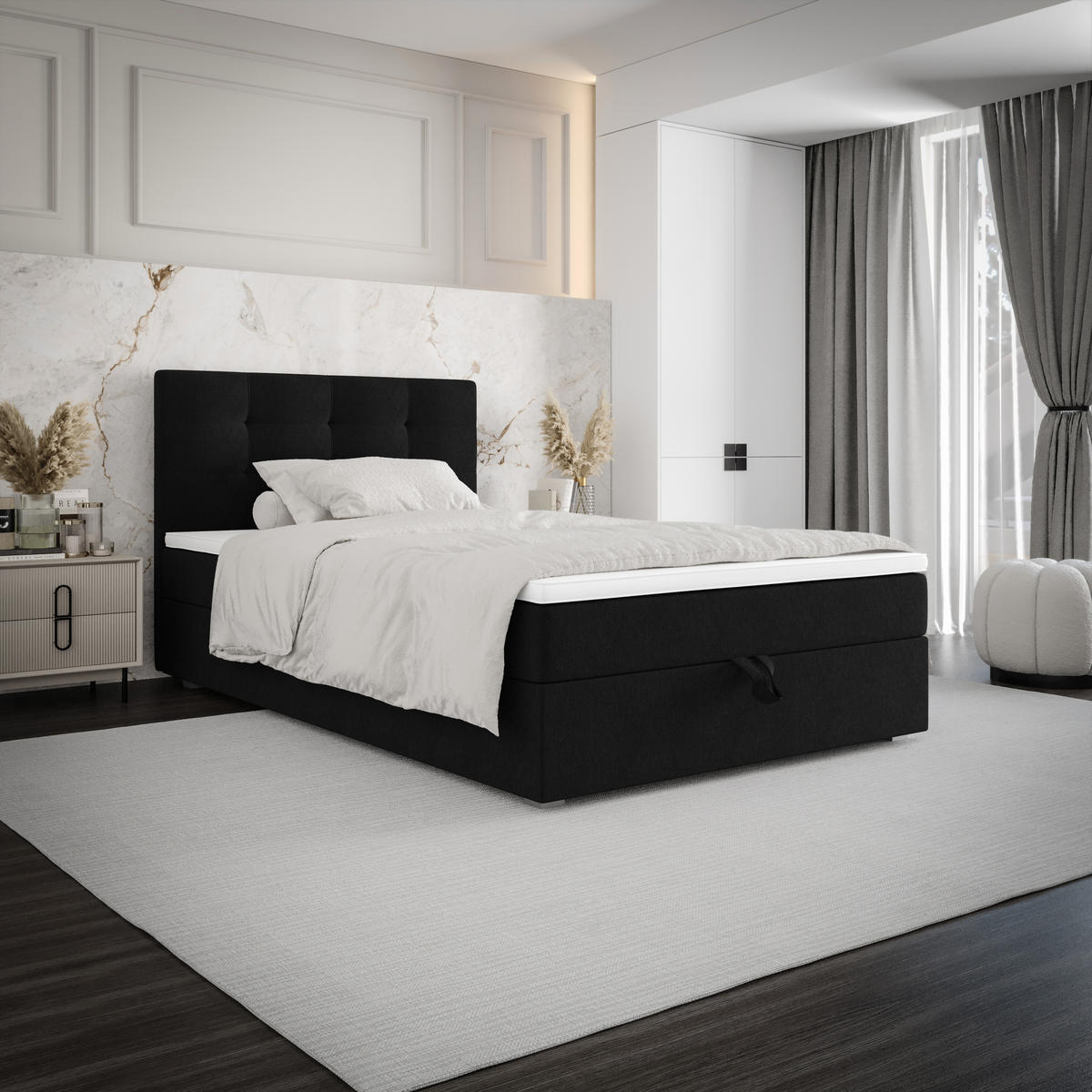 BOXBETT FADO 11 120x200, mit Matratze H3, Bonell und Topper, Cosmic 100 - Schwarz, Holz/Kunststoff (120/200cm) - Bedante