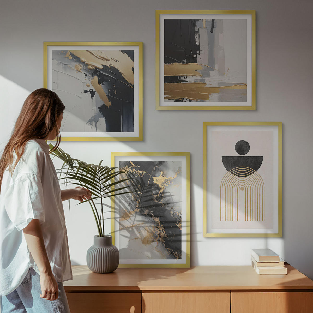 BILDER SET 4er Set - 50x50 cm & 40x60 cm Goldrahmen - Abstrakte Geometrie-Komposition - Goldfarben, Kunststoff (50/50cm) - TULUP