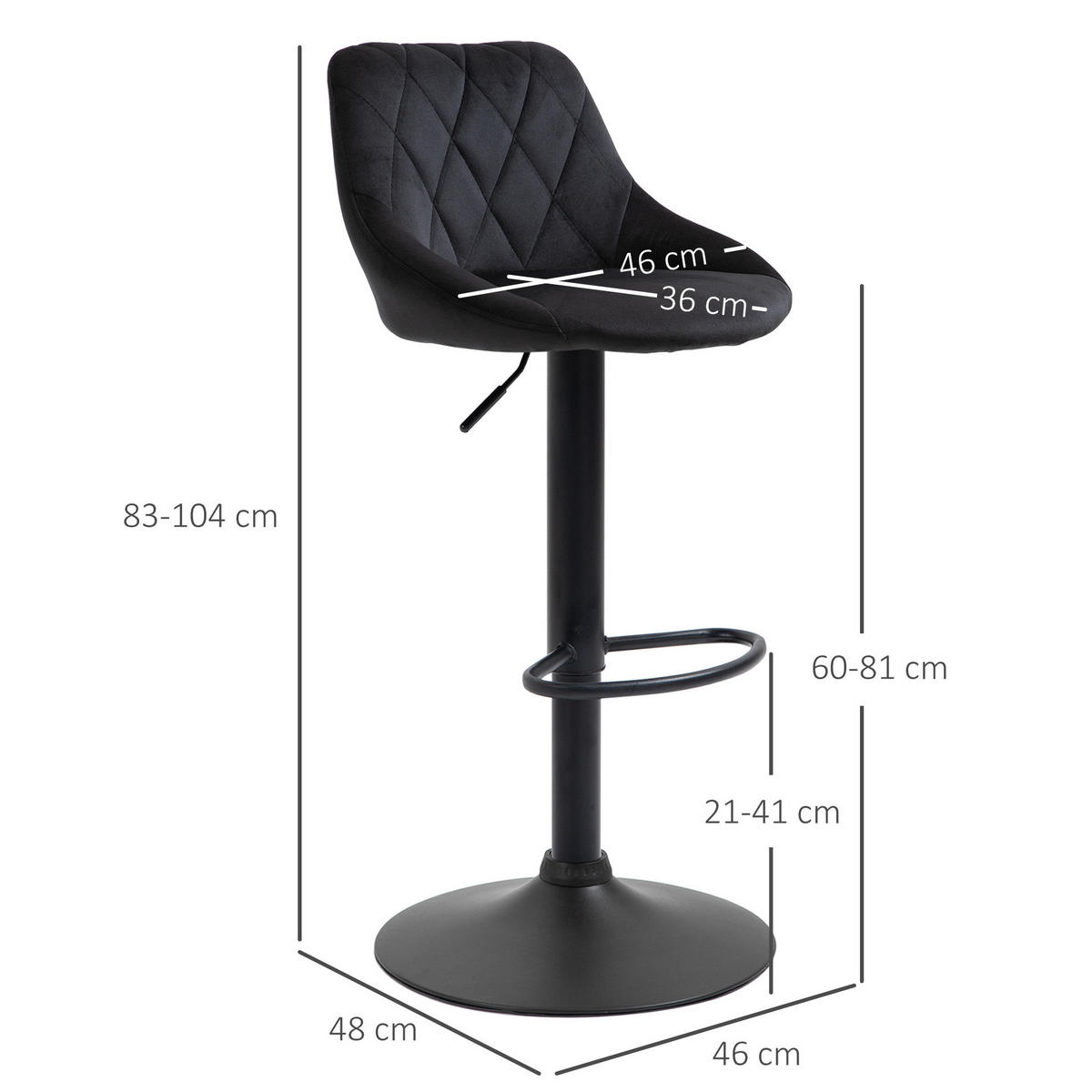BARHOCKER 2er-Set höhenverstellbar Schwarz mit Rückenlehne und Fußstütze 46/48/104 cm - Schwarz, Textil (48/83/51.5cm) - MIVRAY