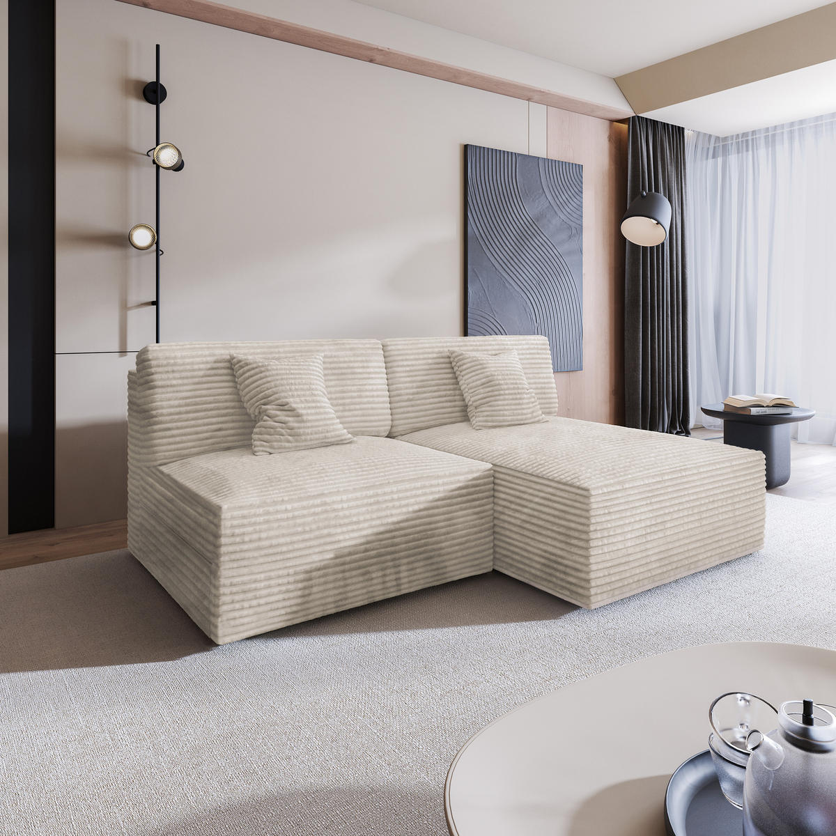 ECKSOFA FIORO Creme Kordstoff mit Schlaffunktion - Creme, Holz (204/148cm) - MASSENO