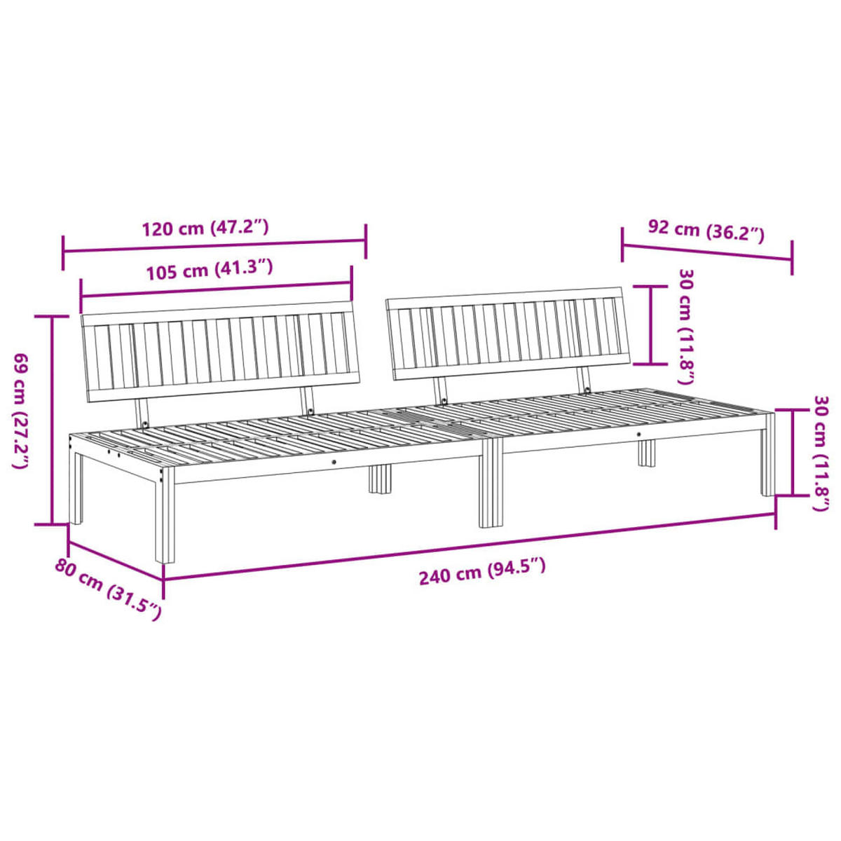 GARTEN-MITTELSOFAS Aus Paletten 2 Stk. Massivholz Akazie - Braun, Holz (92/68/120cm) - vidaXL