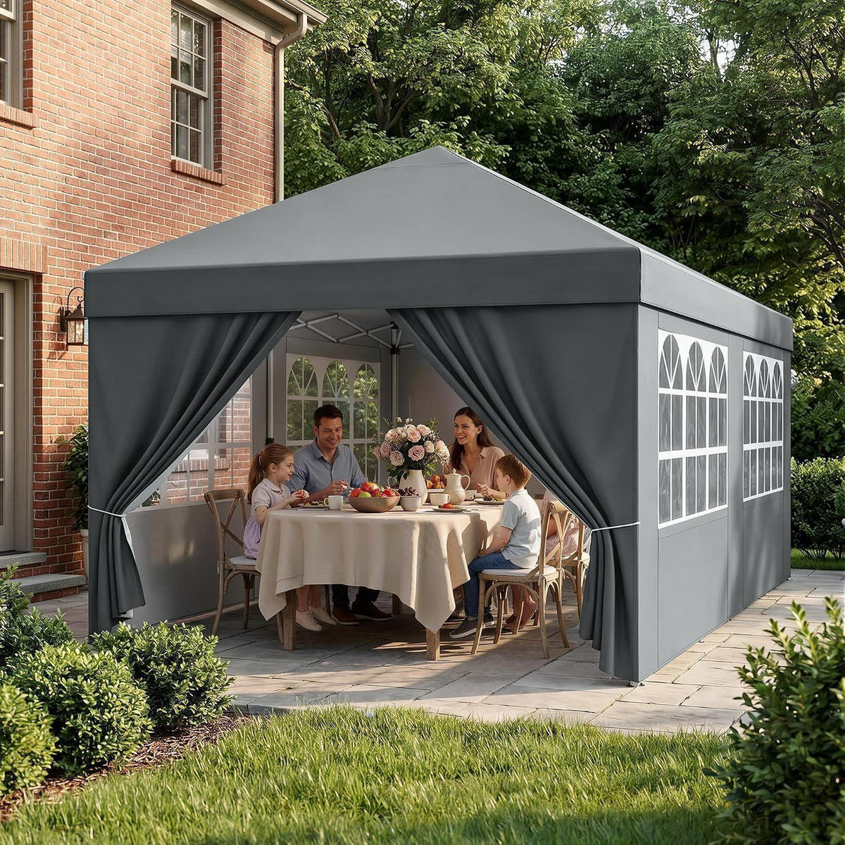 GARTENPAVILLON 3 x 6 m Grau Wasserdicht UV-Schutz 50+ mit 4 Seitenteilen - Grau, Textil (300/265/600cm)