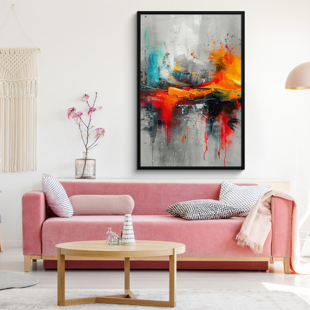 GERAHMTES BILD Moderne Kunst - Orange - Grau - Abstrakt 80x120 cm - Hellgrau, Papier (80/120cm) - MuchoWow