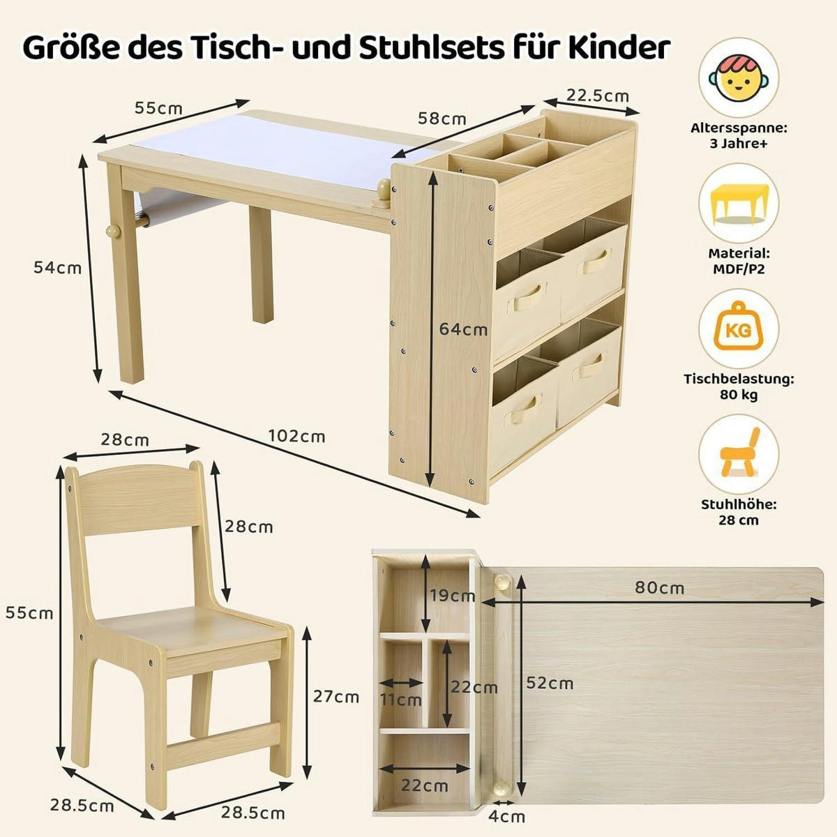 KINDERTISCH mit Stühlen 2-teiliges Set Gelb - Hellbraun, Holzwerkstoff (53/64/102cm)