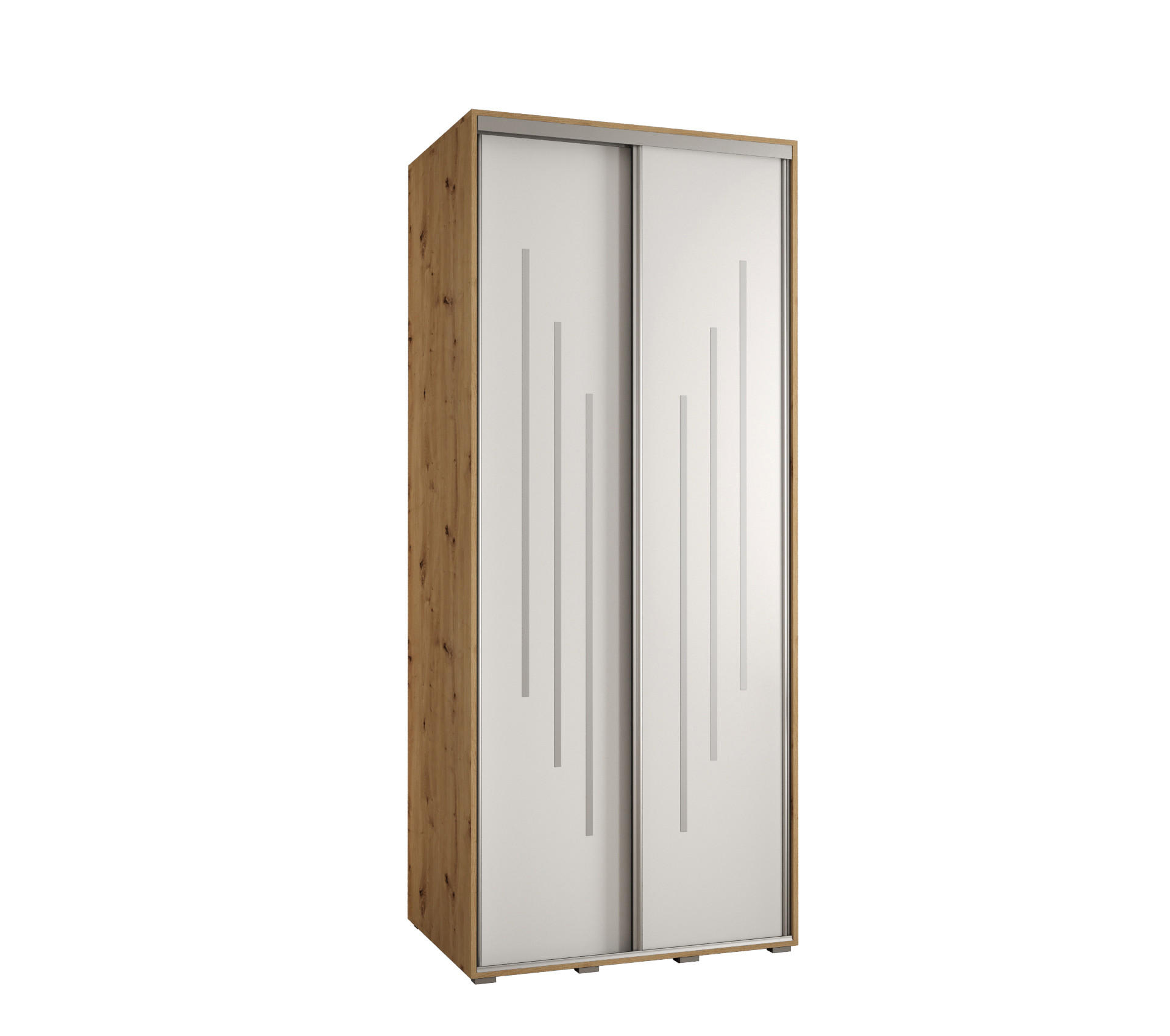 Abiks Möbel SCHWEBETÜRENSCHRANK Eiche Artisan, Weiß, Silber 110cm × 45cm × 235cm