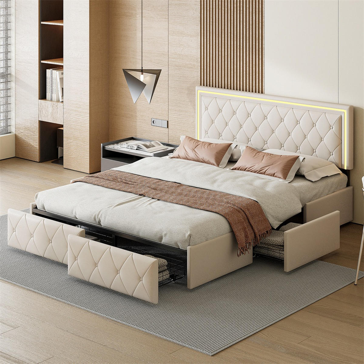 POLSTERBETT 140x200 cm - Doppelbett mit 4 Schubladen und LED-Kopfteilbeleuchtung - Creme-Weiß - ohne Matratze - Beige, Textil (140/200cm) - DELFA