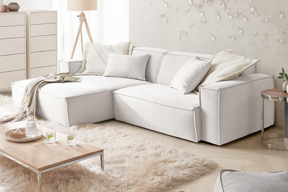 ECKSOFA SAMU Weiß Cord - Schwarz/Weiß, Textil (276/168cm) - KAWOLA