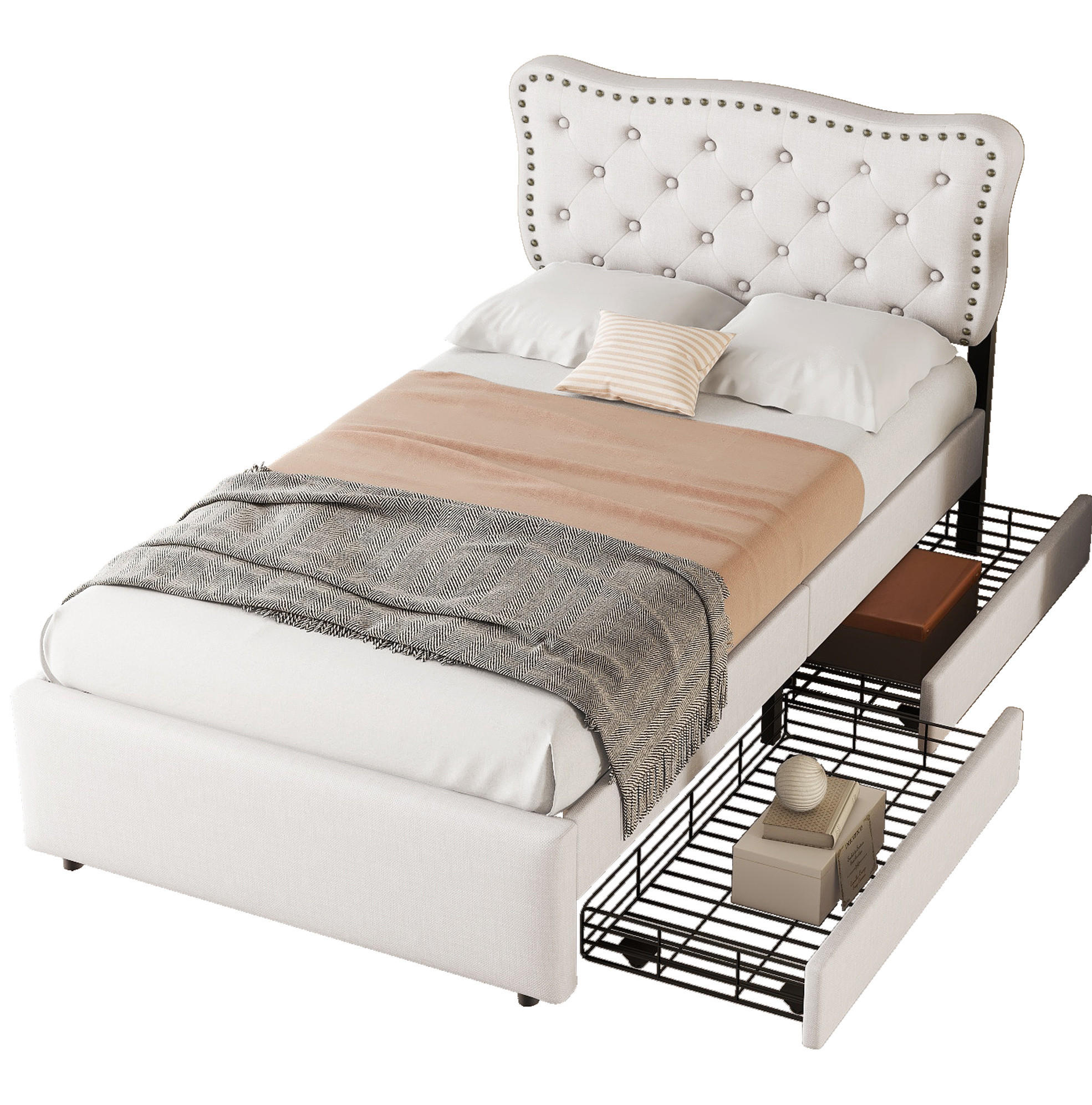 OKWISH ČALOUNĚNÁ postel 90/200 cm světle béžová z MDF a lnu se 2 zásuvkami a nastavitelným čelem