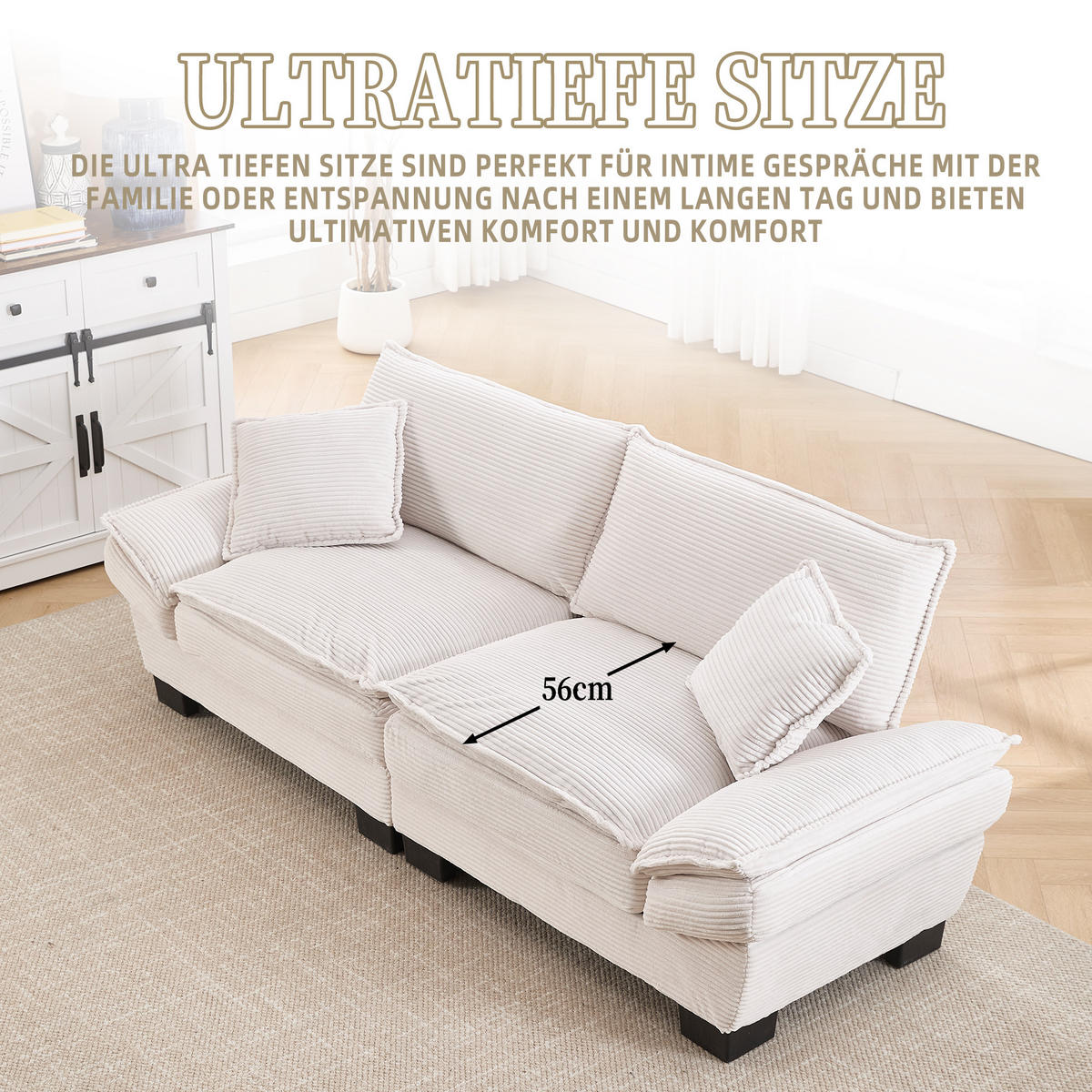 2-SITZER Sofa Samt mit ultratiefem Sitz und Kissen 224/81/81 cm Beige - Beige, Textil (81/224/81cm) - Redom