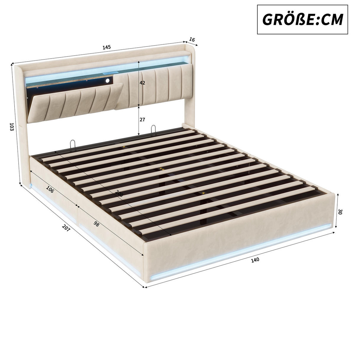 POLSTERBETT 140x200 cm mit LED, USB Und Type-C, Doppelbett mit Bettkasten 140x200, Stauraum, Beige Samt - Beige, Textil/Metall (140/200cm) - GENKI LIVING