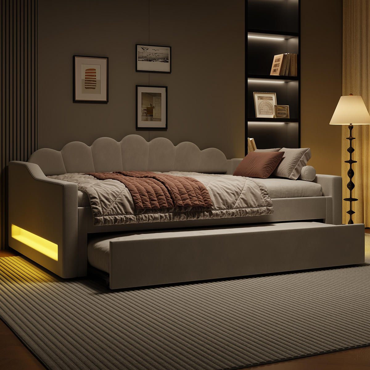 AUSZIEHBETT 140/200 cm DE-03394, mit LED, in Beige - Beige, Holzwerkstoff (140/200cm) - ComfortXL
