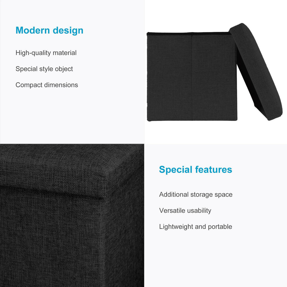 SITZHOCKER Faltbar 30/30/30 cm (Schwarz) - Schwarz, Textil (30/30/30cm) - Intirilife