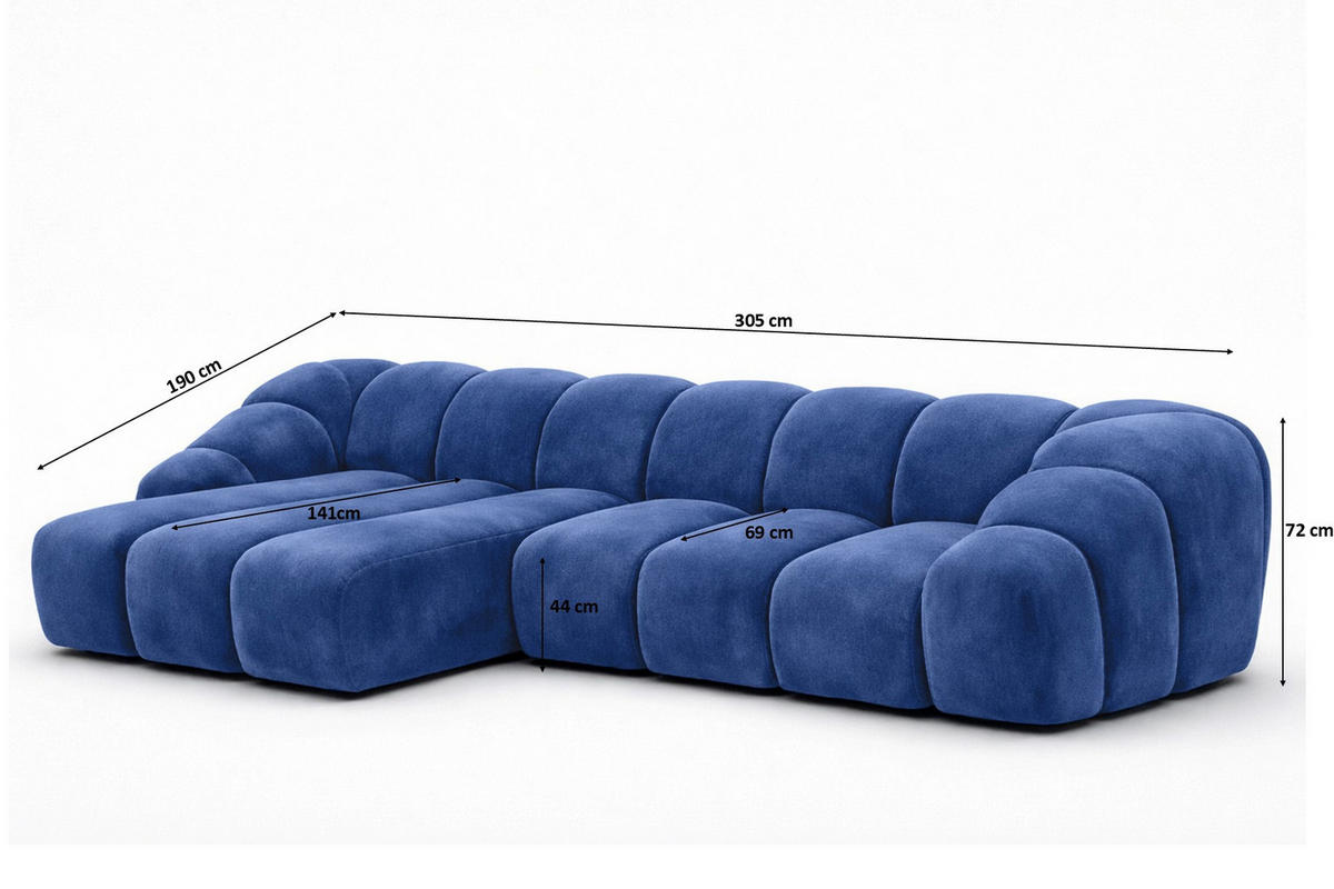 ECKSOFA Modulare L-Form, Veloursstoff Bluvel, Tintenblau, Links, CROISSANT L - Blau, Holz (305/190cm) - Kaiser Möbel