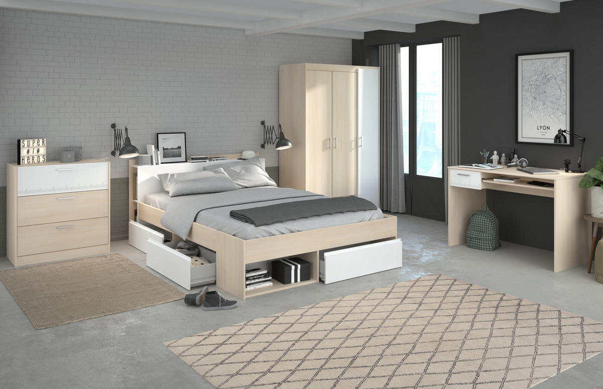 BETT mit Regal und 3 x Schubkasten Stauraumbett 140 x 200 cm - Eichefarben/Weiß, Holz/Holzwerkstoff (140/200cm) - Parisot Meuble