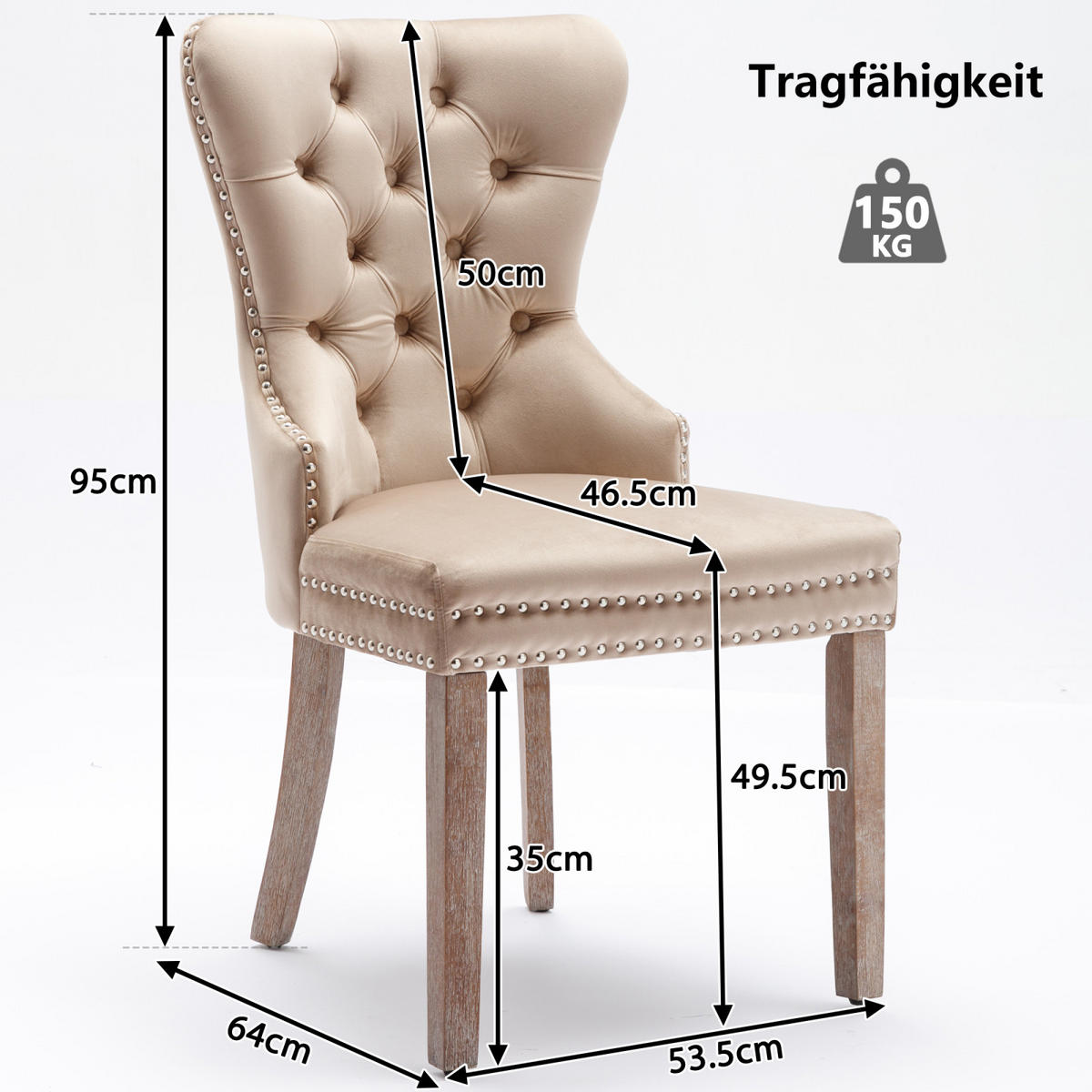 VIERFUSSSTÜHLE Esszimmerstühle, 2er-Set gepolsterte Stühle mit Rückenlehnen, Sitzflächen aus Samt, Metallgestell, beige - Beige, Holz (53.5/95/64cm) - WoodenAura