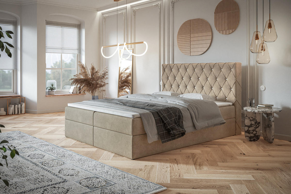 BOXBETT BOSTON mit 2 Bettkästen, 140x200, Farbe: Sand, Velourstoff, Doppelbett mit Bonell-Matratze - Sahara, Holz/Kunststoff (140/200cm) - Alpi-Möbel