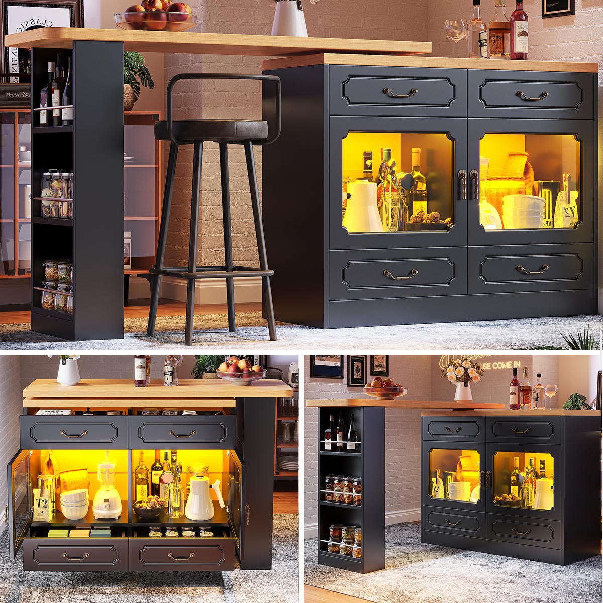 ESSZIMMERSCHRANK aus MDF 135-203x39x92,8cm in Schwarz mit LED - Schwarz, Holzwerkstoff (39/92.8/203cm) - Modfu