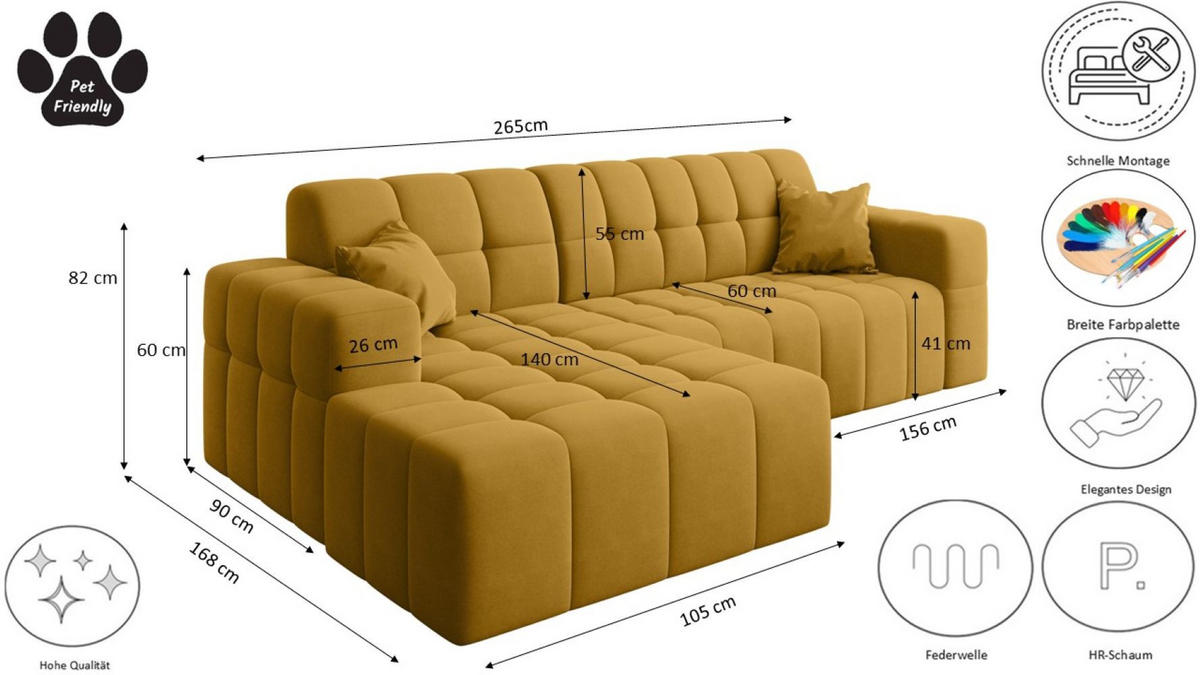ECKSOFA L-förmiges Nimes Velours Stoff Gelb Rechts - Gelb, Holz/Kunststoff (265/168cm) - Kaiser Möbel