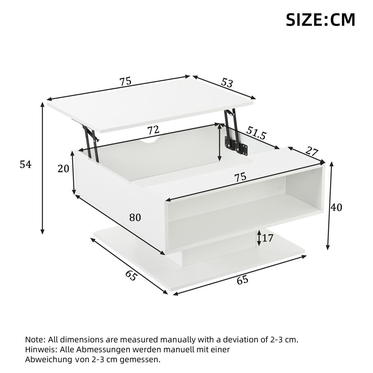 KONFERENČNÍ stolek 80/75/40 cm bílý z dřevotřísky se zdvižnou deskou a LED osvětlením - bílá, kompozitní dřevo (80/75/40cm) - OKWISH