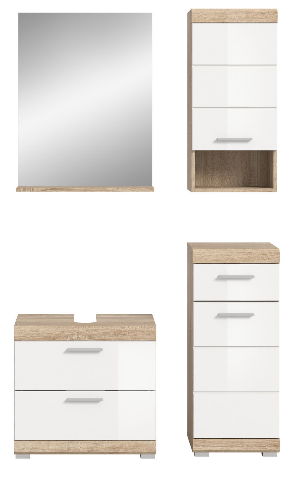 BADMÖBEL-SET weiß Hochglanz, Eiche 4-teilig 112 cm, Kombination mit viel Stauraum - Weiß Hochglanz/Eichefarben, Glas/Holzwerkstoff (112/191/37cm) - Inn.Furn