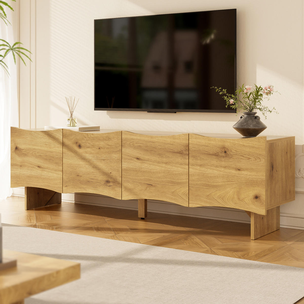 TV Lowboard 155 cm, Wellenfront, 4 Türen, Holz - Braun, Holz (155/45/34cm)