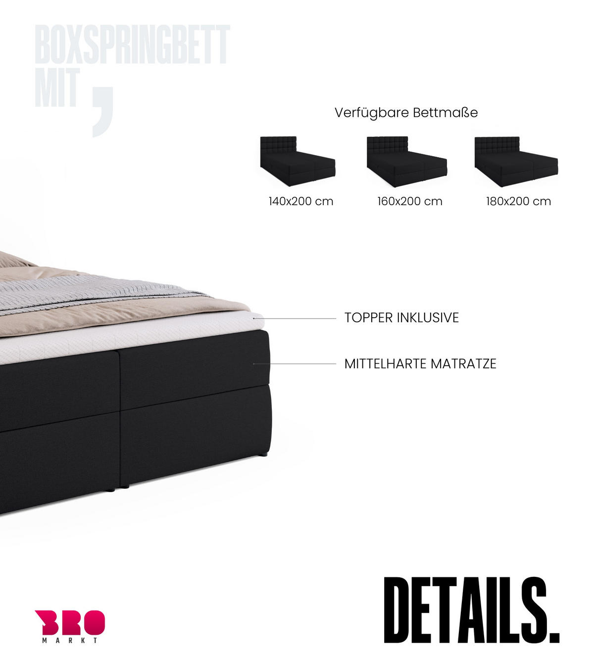 BOXBETT Dakota mit Topper 140/200 Schwarz - Schwarz, Textil (140/200cm) - Bromarkt