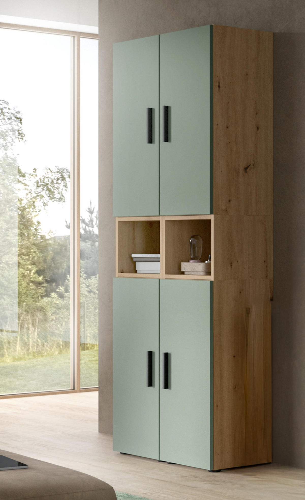 STAURAUMSCHRANK grün, Eiche Artisan 65 x 178 cm, Mehrzweckschrank mit viel Stauraum - Schwarz/Eiche Artisan, Holzwerkstoff/Kunststoff (65/178/34cm) - Inn.Furn