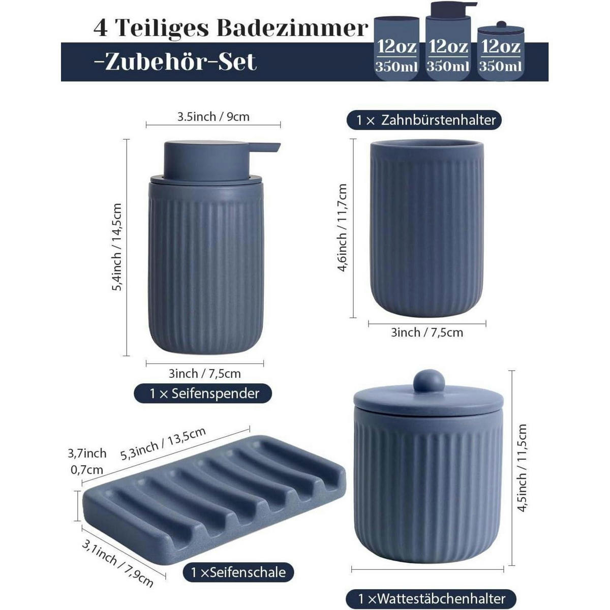 BADEZIMMER Set 4-teilig Keramik Blau - Blau, Keramik (9/14.5/14.5cm)