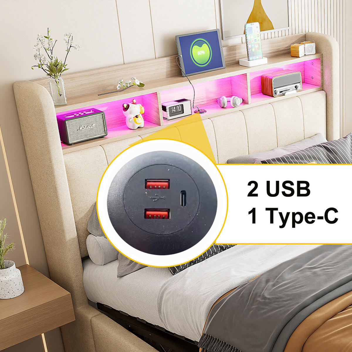 POLSTERBETT 160/200 cm Beige mit LED-Beleuchtung und USB-Steckdose, hydraulischem Stauraum - Beige, Textil (160/200cm) - OKWISH