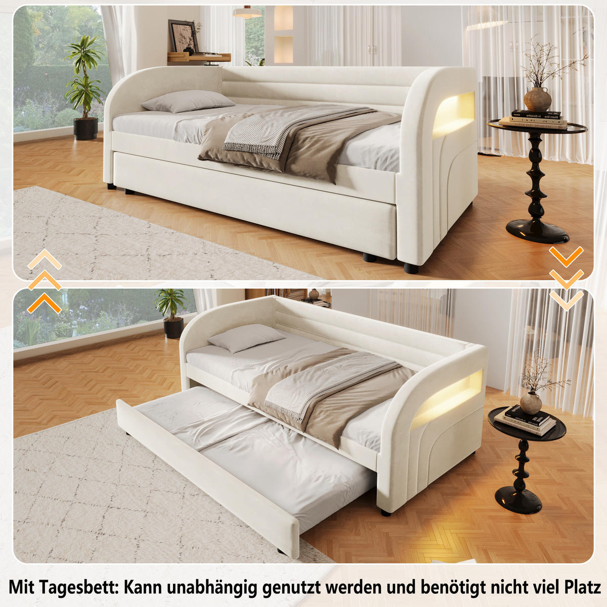ČALOUNĚNÁ POSTEL 90/200 cm v béžové barvě s výsuvným lůžkem a LED - béžová, kov/kompozitní dřevo (90/200cm) - CHICFURN