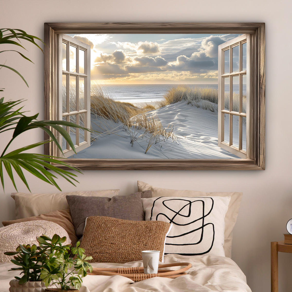 LEINWANDBILD Ausblick - Strand - Dünen - Meer - Natur Wohnzimmer Groß 120x80 cm - Sandfarben, Textil (120/80cm) - MuchoWow