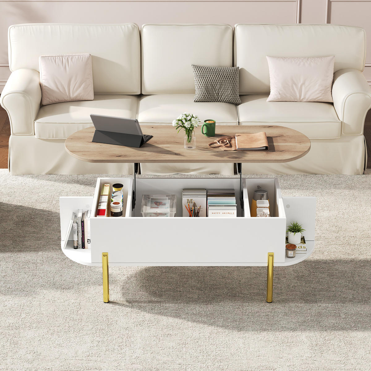 COUCHTISCH 120x50x43 cm Holz Weiß Lift Stauraum 7 Fächer - Weiß, Holzwerkstoff (120/50/43cm)