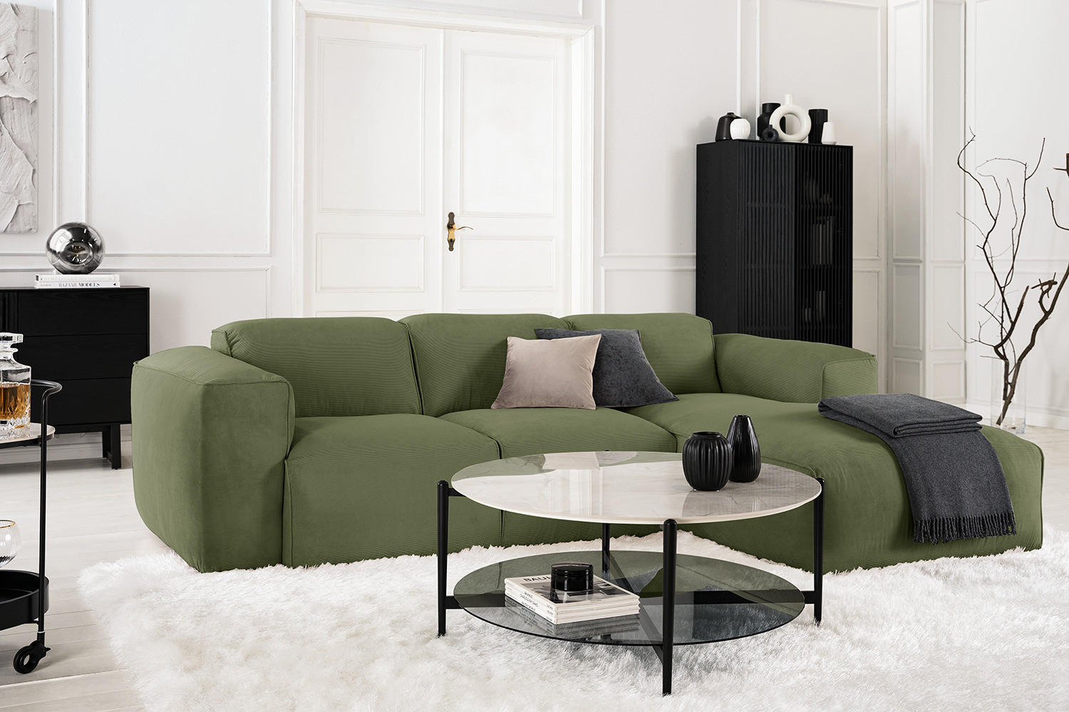 3-SITZER ECKSOFA mit Longchair - Dunkelgrün/Schwarz, Textil (251/173cm) - home24