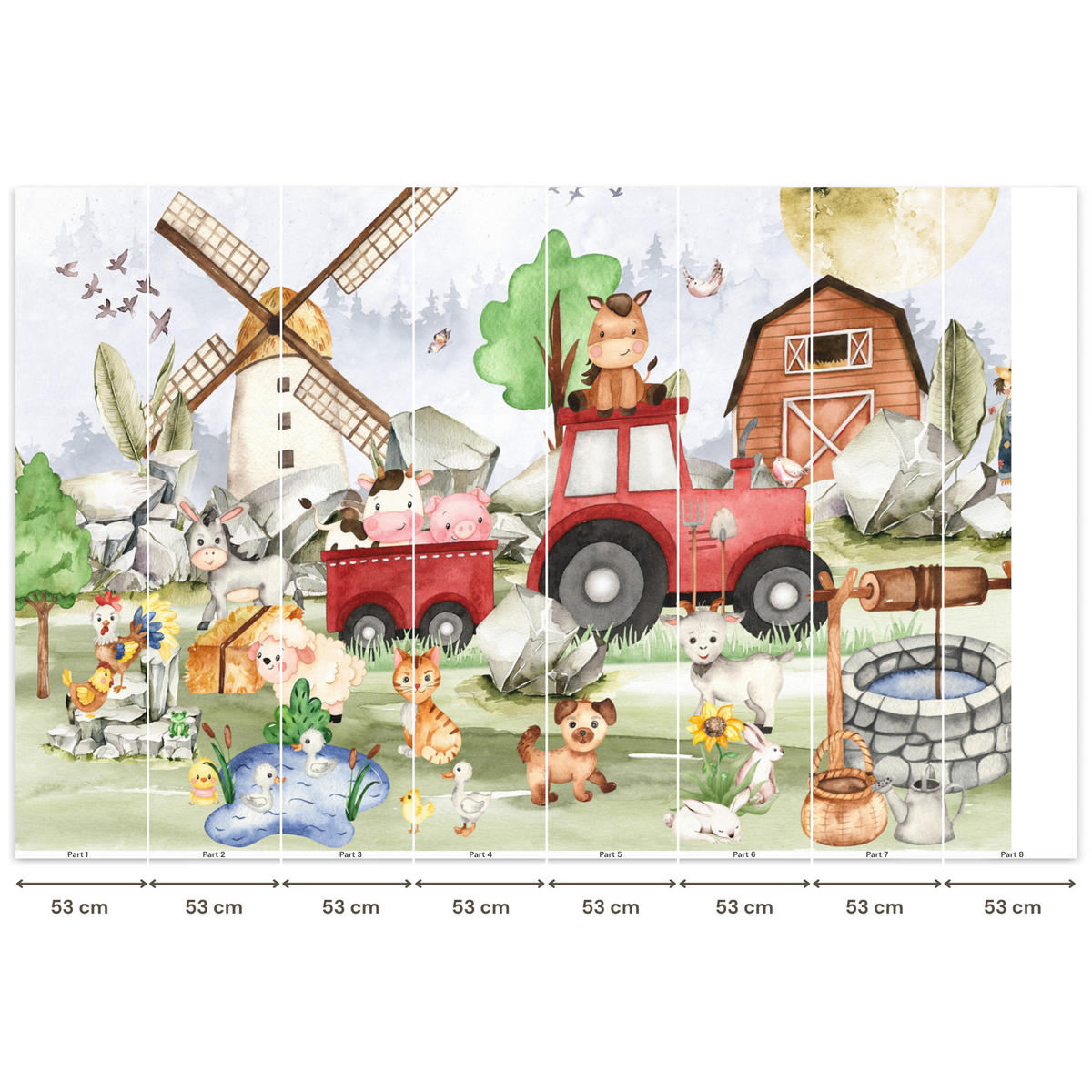 KINDERTAPETE - Bauernhof - Traktor - Kinder - Tiere - 400x280 cm - Weiß, Papier (400/280cm) - OnlyWow