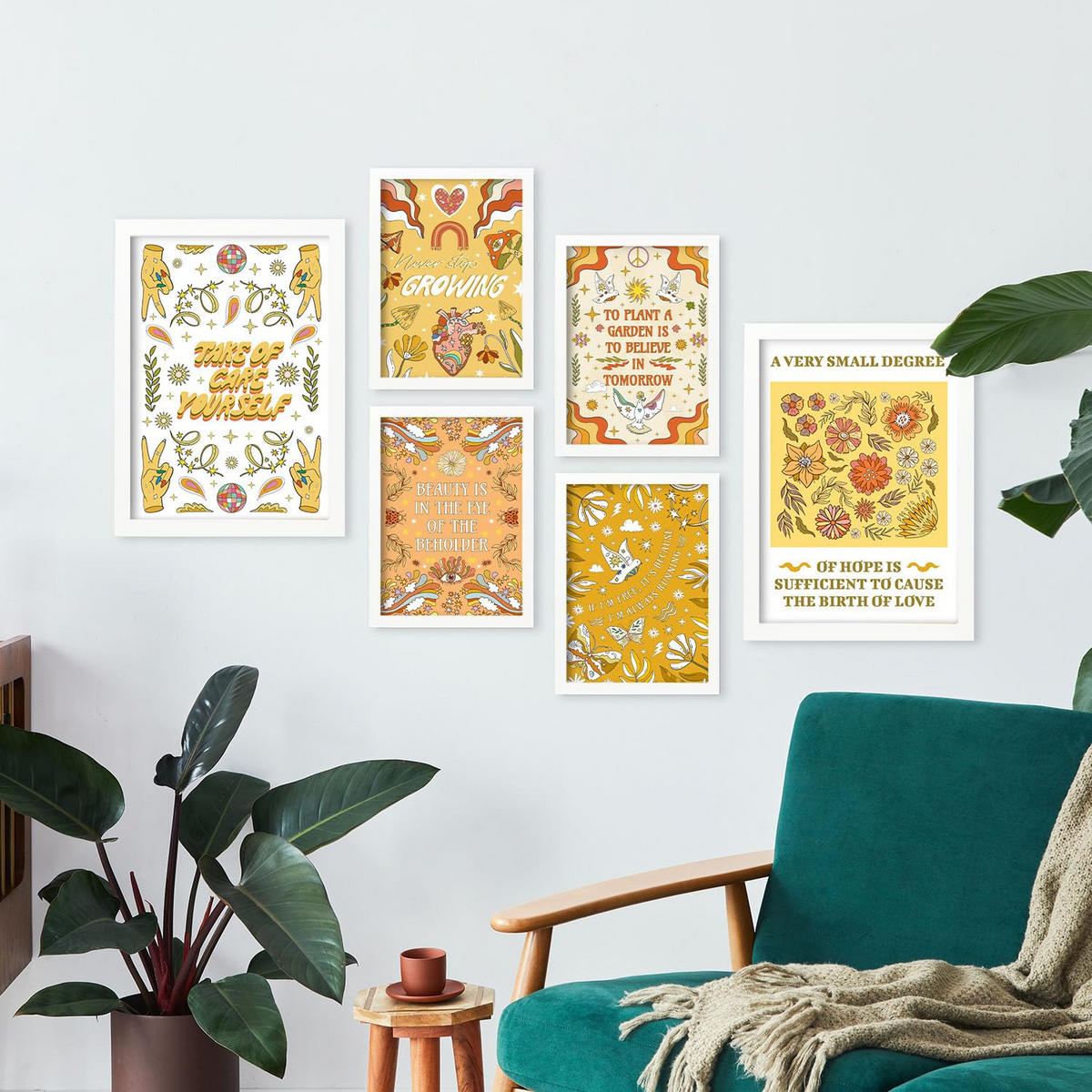 POSTER Set Mit 6 Drucken Der Selbstversorgung In Der Brillanten Groovy Dekorative Rahmen Für Ihr Zuhause Wandkunstdruck A3 & A4 Weißer Rahmen - Weiß, Papier (29/3cm) - Nacnic