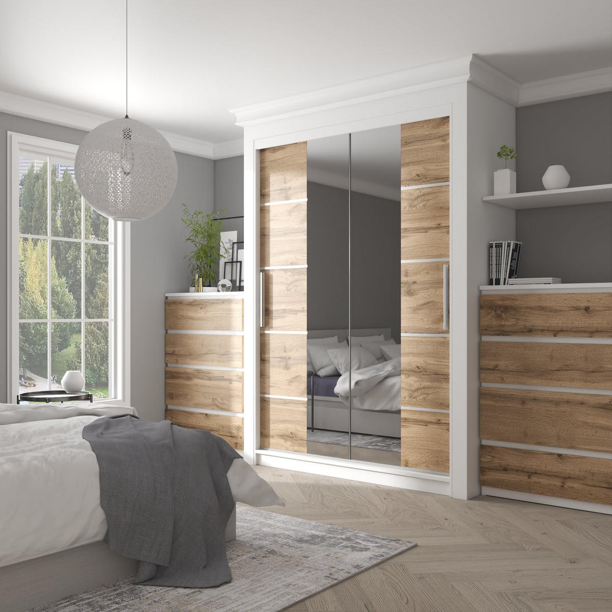 SCHWEBETÜRENSCHRANK Verona ME, Weiß/Goldbraun Matt, 133 cm, mit Spiegel - Braun, Holz (133/216/60cm) - B BELINI GROUP