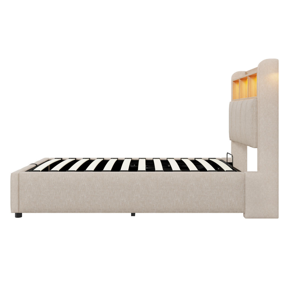 POLSTERBETT 90/200 cm mit LED-Beleuchtung, Bettkasten und gepolstertem Kopfteil - Beige, Textil (90/200cm) - BEAOK