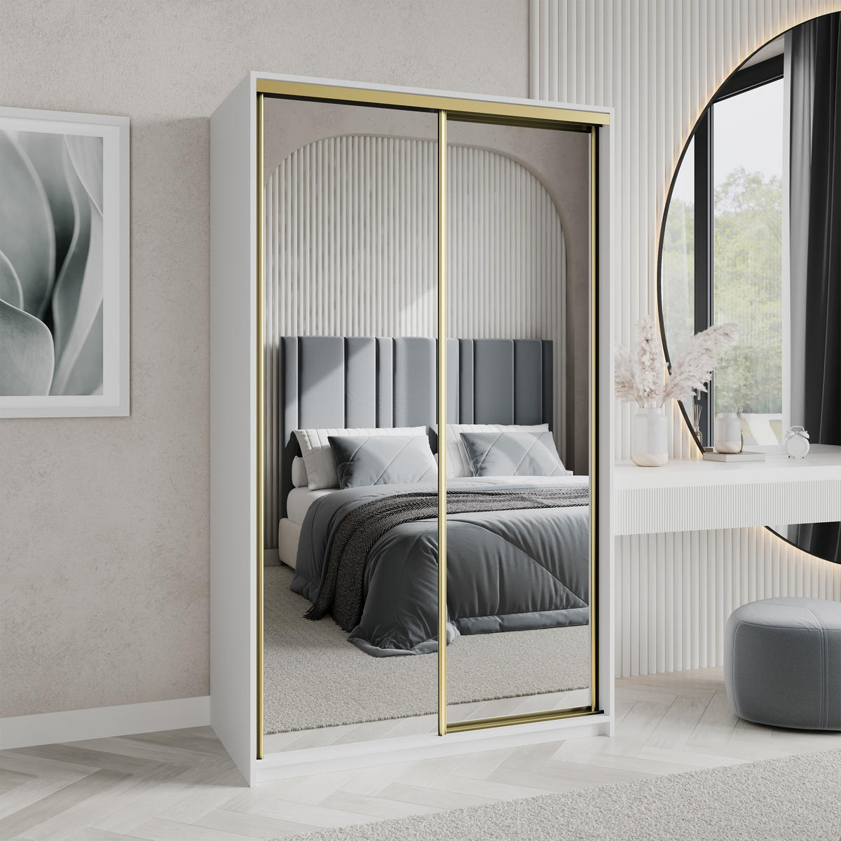 SCHWEBETÜRENSCHRANK RIEN 120/205/60 cm 2-türig mit Spiegel Weiß - Weiß, Holzwerkstoff (120/205/60cm) - MASSENO