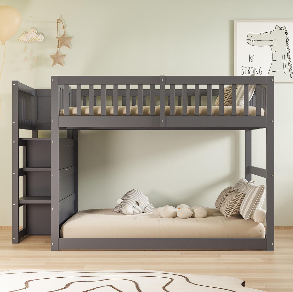 ETAGENBETT 140/200 cm grau mit Sicherheitsgeländer und Stauraum - Grau, Holz (140/200cm) - OKWISH
