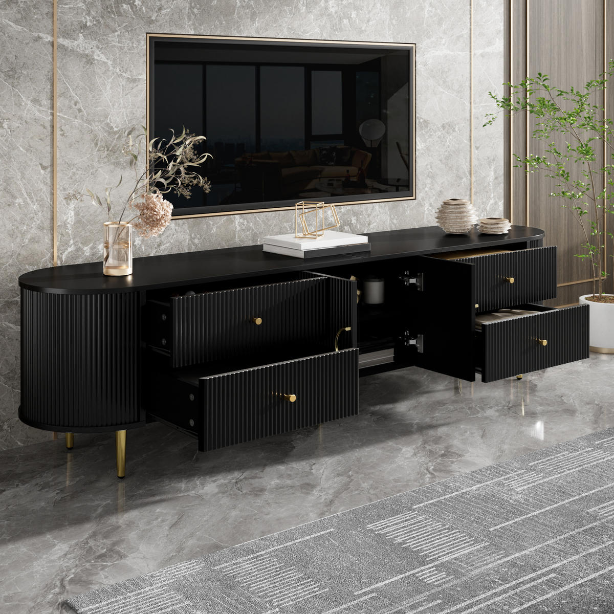 TV-ELEMENT 180/40/53 cm Schwarz mit 4 Schublade - Schwarz, Holz (180/53/40cm) - Oxeza
