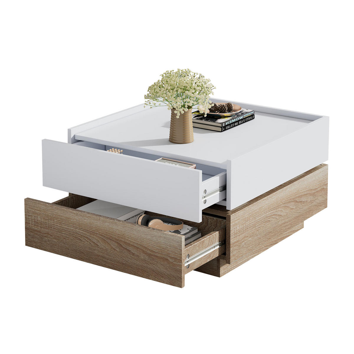 COUCHTISCH, 360° drehbar, Weiß/Walnuss mit Furnier, 2 Schubladen, 60/60/38 cm,Weiß - Weiß, Holzwerkstoff (60/60/38cm) - Redom