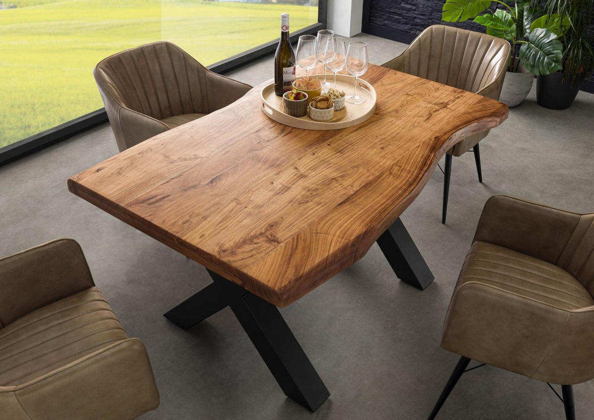 BAUMTISCH Akazie 160x90x77 Akazie natur lackiert / X-Beine anthrazit matt FREEFORM 5 - Naturfarben, Holz (160/90/77cm) - Massivmoebel24