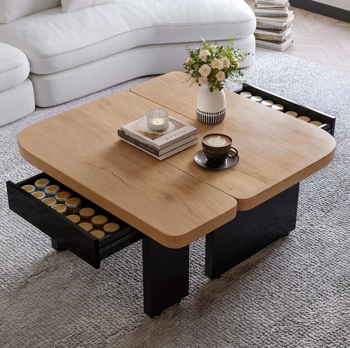 COUCHTISCH 90/60 cm mit LED-Beleuchtung und 2 Schubladen - Naturfarben, Holzwerkstoff (90/60/44.5cm) - BEAOK