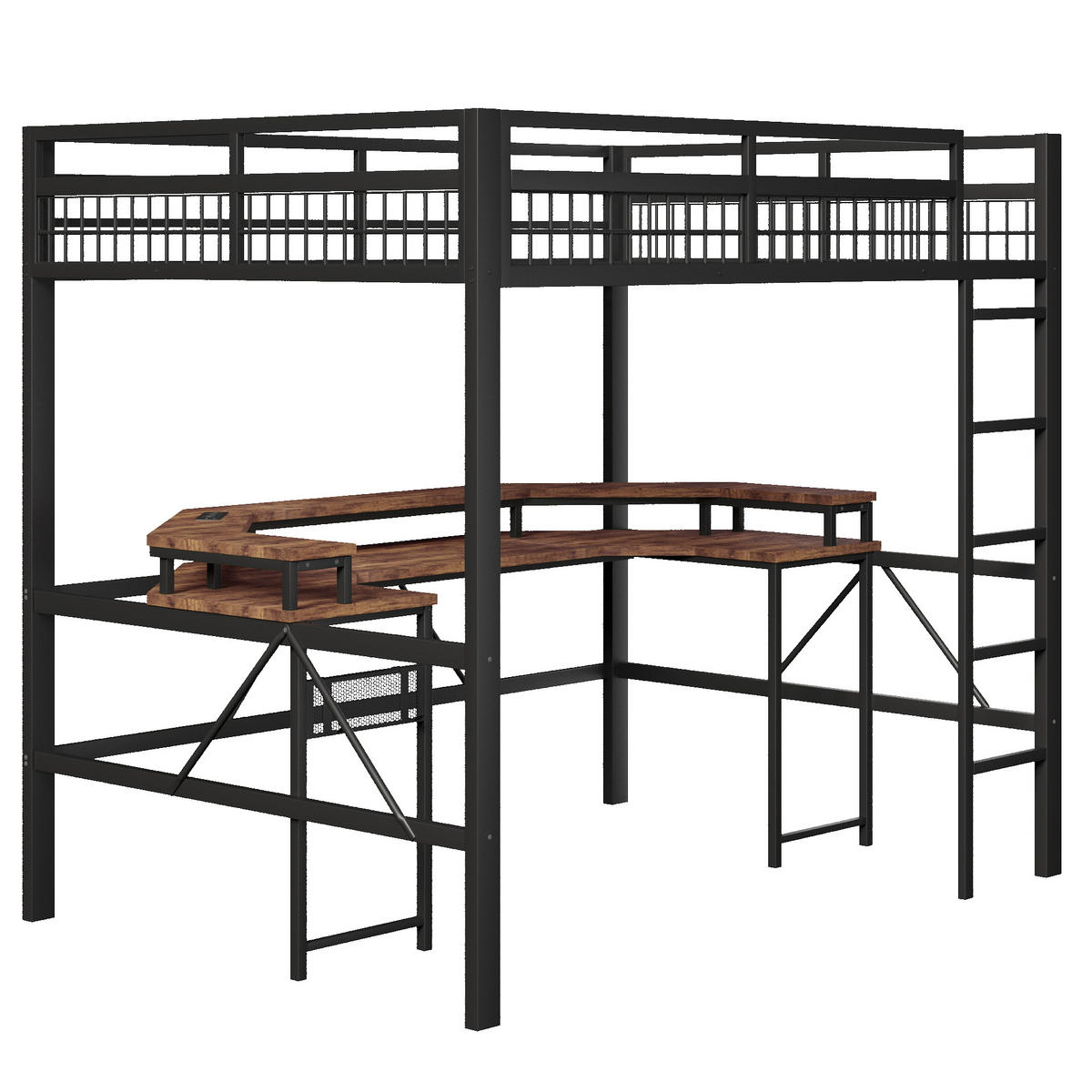 HOCHBETT 140/200 cm Schwarz mit LED-Lichtleiste, Schreibtisch, 1 USB-Anschluss + 1 Typ-C-Anschluss und 2 Steckdosen - Schwarz, Metall (140/200cm) - Oxeza