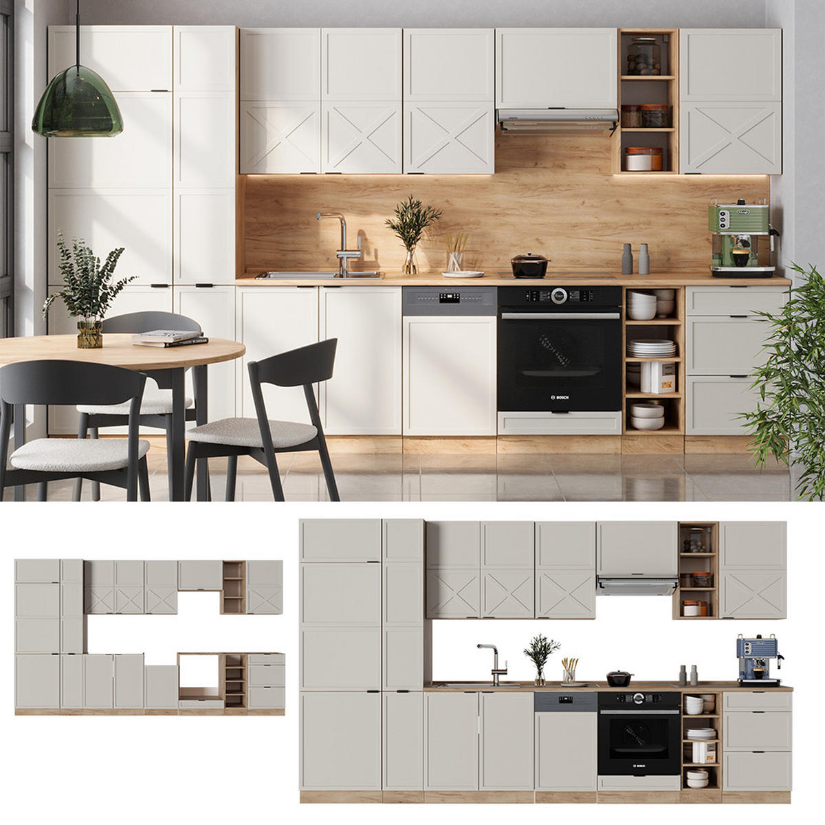 KÜCHENZEILE Fame-Line GrauBeige/Goldkraft Eiche 355 cm, AP Eiche - Honigeiche/Grau, Holzwerkstoff (355/81.6/60cm) - Vicco