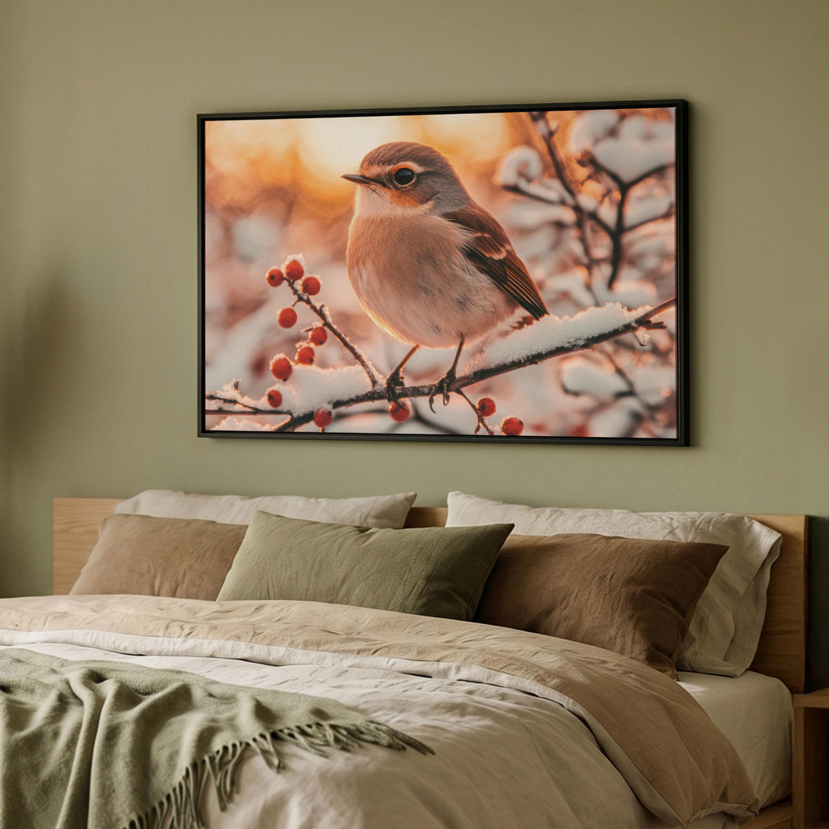LEINWAND Bilder mit Rahmen - Vogel - Zweig - Winter - Tiere - Schnee - 90x60 - Bernsteinfarben, Textil (90/60cm) - MuchoWow